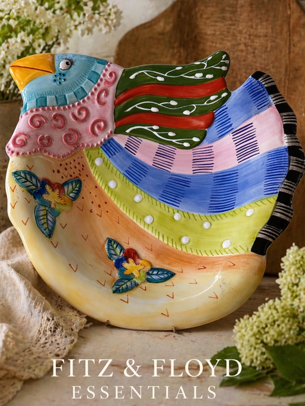 Fitz & Floyd Essentials Colorful Whimsical Bird/ Chicken Platter/Wall decor 9x9